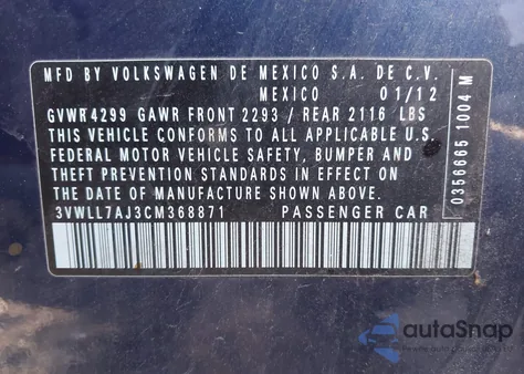 2012 Volkswagen Jetta 2.0L Tdi из США, поврежденный, VIN 3VWLL7AJ3CM368871